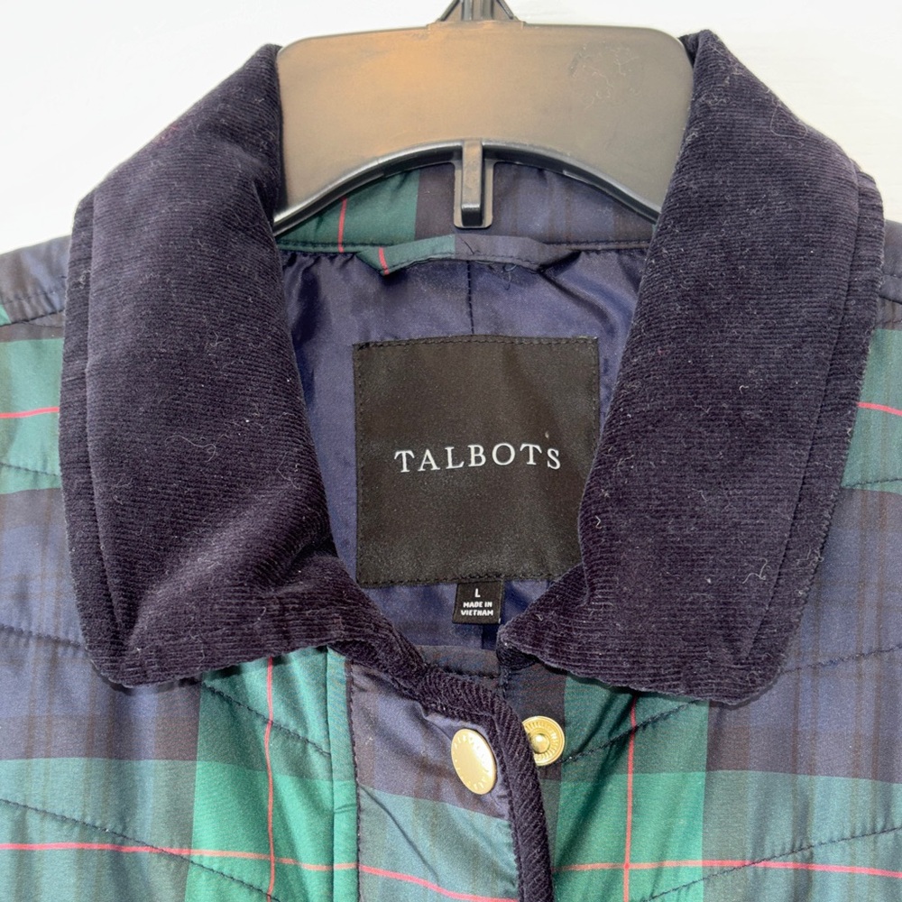 Sale-Talbots Green and Navy Quilted Plaid Puffer Jacket - Picture 2 of 11